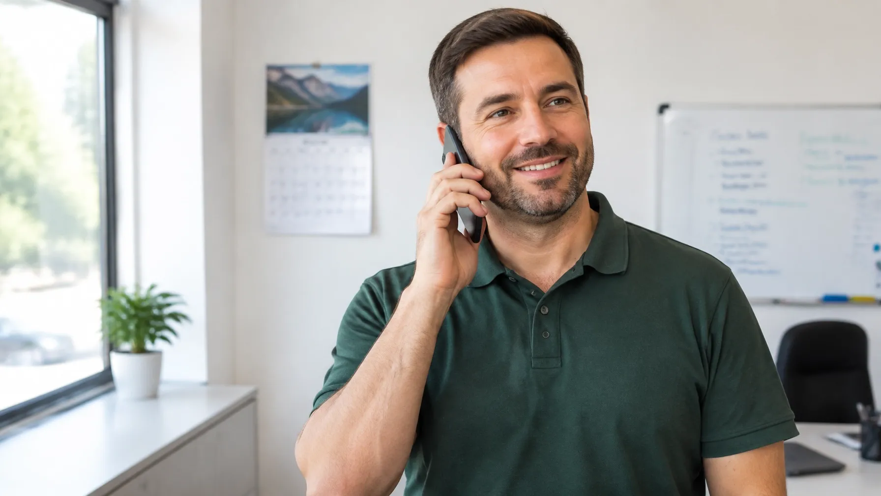 A smiling cleaning company owner in a dark green polo taking a phone call in a bright office