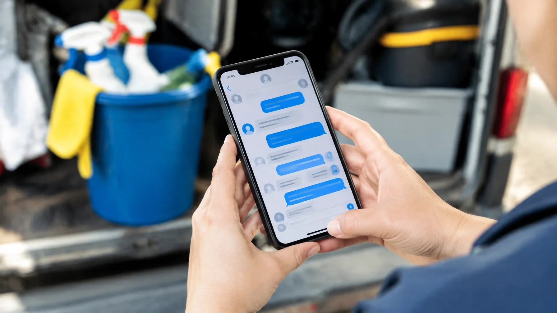 Hands holding a phone with a blue text-message conversation beside cleaning supplies and a van